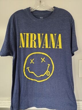 NIRVANA Blue Tee with Yellow Logo and Smiley Graphic